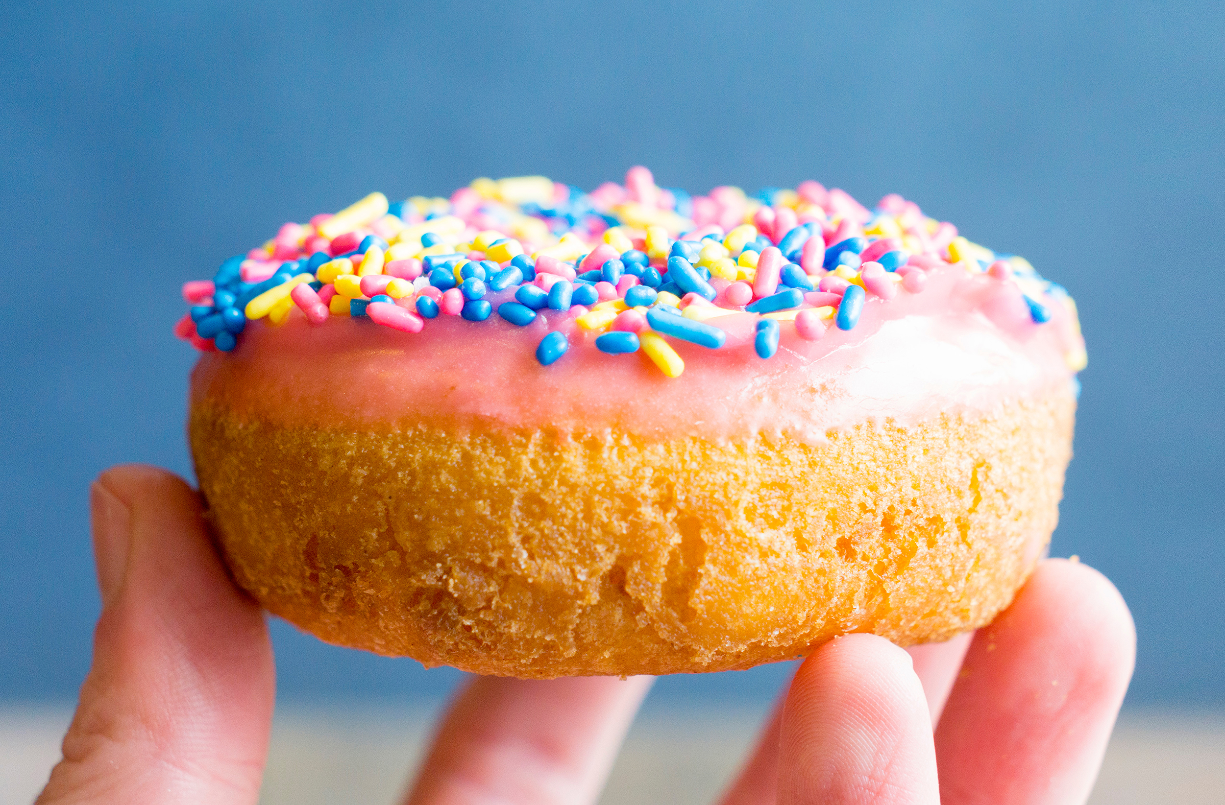 Hand holding LaMar's Donut Sprinkle Donut | Visit LaMar's Near You in AZ, CO, KS, NE, MO